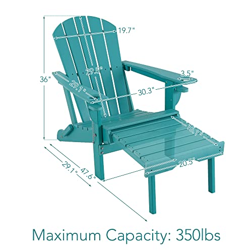 Sundale Outdoor Folding Heavy Duty Adirondack Chair with Footrest 2 Cup Holder on Armrest, Perfect for Outside Porch Patio Garden Pool Yard Turquoise