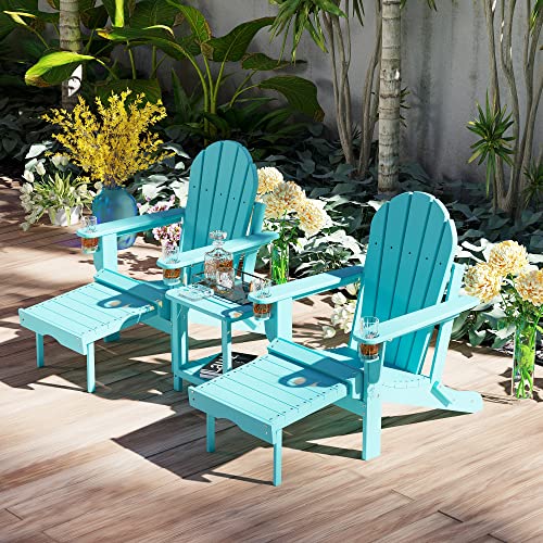 Sundale Outdoor Folding Heavy Duty Adirondack Chair with Footrest 2 Cup Holder on Armrest, Perfect for Outside Porch Patio Garden Pool Yard Turquoise