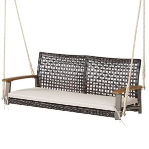happygrill 2-seat rattan porch swing chair, outdoor wicker swing bench with seat cushion & acacia wood armrests, two 118” hanging ropes included, patio hanging swing chair for front porch backyard