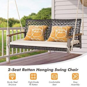 Happygrill 2-Seat Rattan Porch Swing Chair, Outdoor Wicker Swing Bench with Seat Cushion & Acacia Wood Armrests, Two 118” Hanging Ropes Included, Patio Hanging Swing Chair for Front Porch Backyard