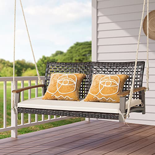 Happygrill 2-Seat Rattan Porch Swing Chair, Outdoor Wicker Swing Bench with Seat Cushion & Acacia Wood Armrests, Two 118” Hanging Ropes Included, Patio Hanging Swing Chair for Front Porch Backyard