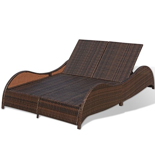 Festnight 2-Person Patio Sun Lounger Bed Brown Rattan Garden Daybed Chaise Lounger with Adjustable Backrests and Cushion Outdoor Backyard Lawn Furniture 79" x 52" x 18" (L x W x H)