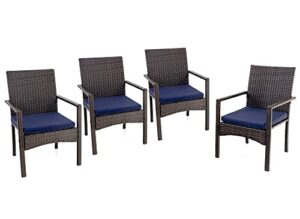 phi villa 4 pieces patio cushioned rattan chairs, outdoor modern pe wicker dining armchair with removable cushions for deck, yard, porch