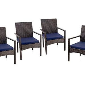 PHI VILLA 4 Pieces Patio Cushioned Rattan Chairs, Outdoor Modern PE Wicker Dining Armchair with Removable Cushions for Deck, Yard, Porch