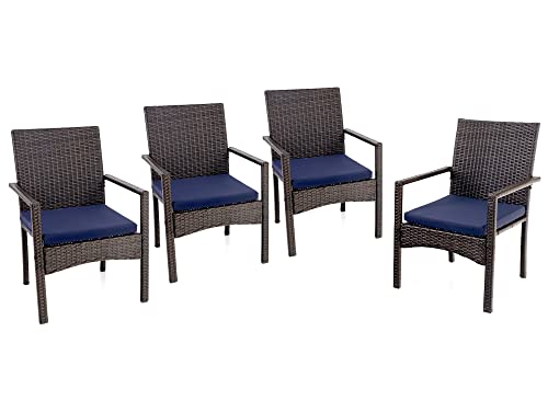 PHI VILLA 4 Pieces Patio Cushioned Rattan Chairs, Outdoor Modern PE Wicker Dining Armchair with Removable Cushions for Deck, Yard, Porch