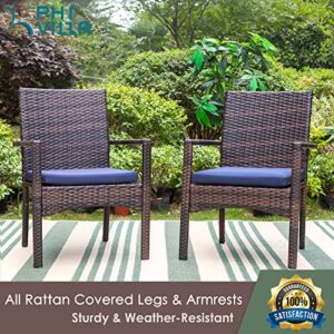 PHI VILLA 4 Pieces Patio Cushioned Rattan Chairs, Outdoor Modern PE Wicker Dining Armchair with Removable Cushions for Deck, Yard, Porch