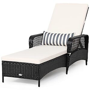 tangkula patio wicker chaise lounge chair, outdoor rattan reclining chaise w/ 6-gear adjustable backrest, thick padded cushion & removable lumbar pillow, ideal for lawn, beach, balcony (black)