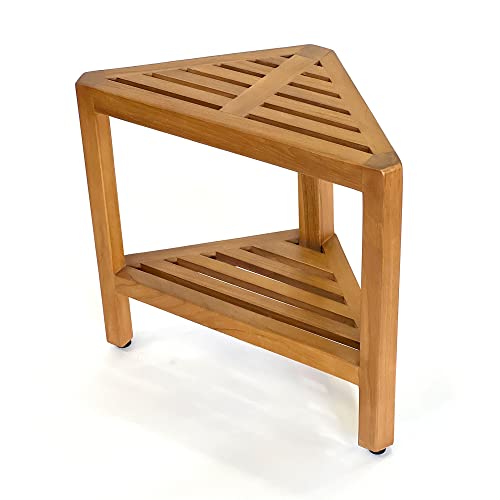 Asta Bora Solid Teak Indoor Outdoor Shower/Bath/Spa Corner Stool with Shelf, Fully Assembled, SpaTeak Collection, TB-009