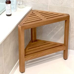 Asta Bora Solid Teak Indoor Outdoor Shower/Bath/Spa Corner Stool with Shelf, Fully Assembled, SpaTeak Collection, TB-009