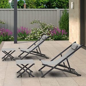 purple leaf patio sling chairs for balcony deck porch 4 pieces outdoor aluminum reclining chairs with adjustable folding beach chairs and 2 ottomans cushioned headrest included, silvery