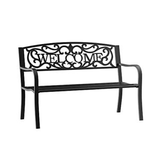 outsunny 50″ 2-person garden bench loveseat with cast iron decorative welcome vines, outdoor patio bench for backyard, porch, entryway