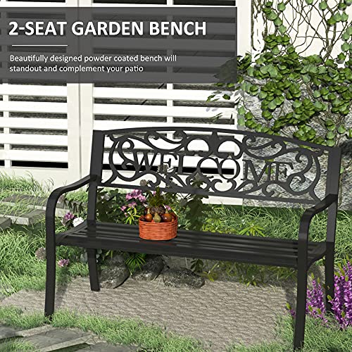 Outsunny 50" 2-Person Garden Bench Loveseat with Cast Iron Decorative Welcome Vines, Outdoor Patio Bench for Backyard, Porch, Entryway