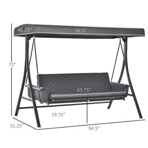 Outsunny 3-Seat Patio Swing Chair, Converting Flatbed, Outdoor Porch Swing Glider with Adjustable Canopy, Removable Cushions, Pillows for Garden, Poolside, Backyard, Gray