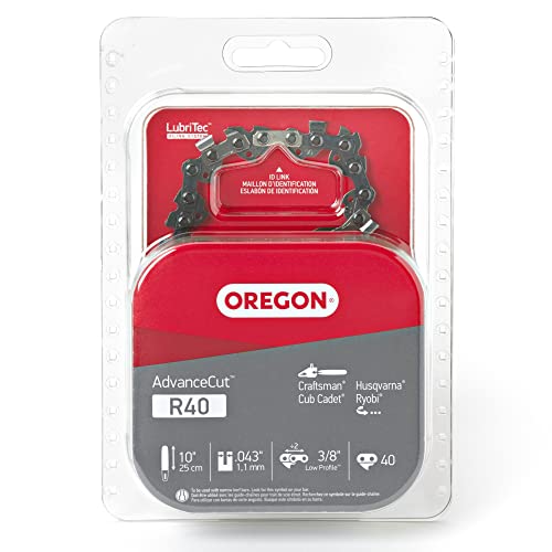 Oregon R40 AdvanceCut Chainsaw Chain for 10-Inch Bar – 40 Drive Link Replacement Chainsaw Blade, .043 Inch Gauge, 3/8 Inch Pitch, fits Remington, Husqvarna, Ryobi and more (R40),Gray