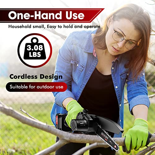 6-inch Mini ChainSaw, Seesii Cordless Chainsaw with 2x 2.0Ah Batteries Auto-oil System One-Handed Electric Chain Saw, Pruning Chainsaw for Wood Cutting Garden Logging Trimming Branch, CH600