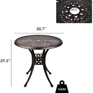 TITIMO 31 inch Diameter Outdoor Round Patio Bistro Dining Table Cast Aluminum with Umbrella Hole Conversation Table