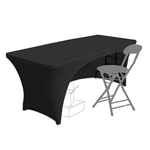 suntq stretchable tablecloths 6 ft for rectangle tables with open back, fitted spandex rectangular patio table covers, wrinkle resistant table toppers for vendors, party, banquet, trade shows, black
