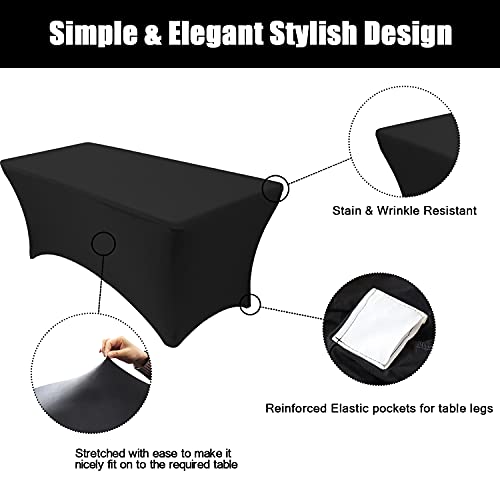 SUNTQ Stretchable Tablecloths 6 Ft for Rectangle Tables with Open Back, Fitted Spandex Rectangular Patio Table Covers, Wrinkle Resistant Table Toppers for Vendors, Party, Banquet, Trade Shows, Black