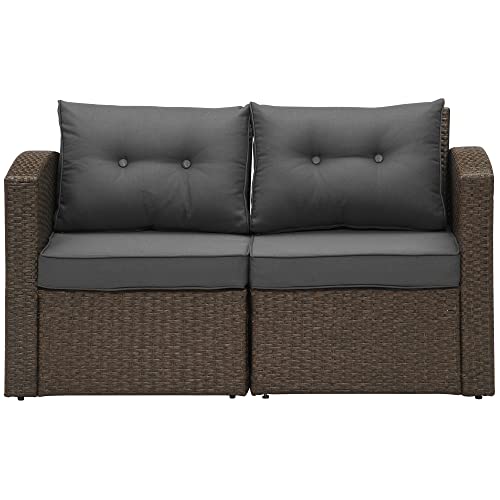 SUNVIVI OUTDOOR Outdoor Patio Loveseat, 2 Piece Brown Wicker Rattan Outdoor Furniture Couch Sofa with Non-Slip Grey Cushions,Outdoor Loveseat Sofa Chair Furniture