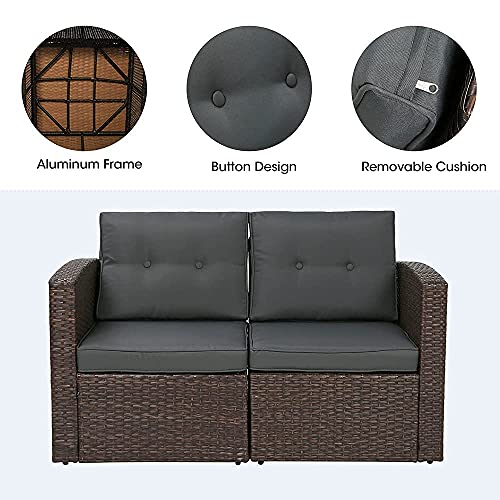 SUNVIVI OUTDOOR Outdoor Patio Loveseat, 2 Piece Brown Wicker Rattan Outdoor Furniture Couch Sofa with Non-Slip Grey Cushions,Outdoor Loveseat Sofa Chair Furniture