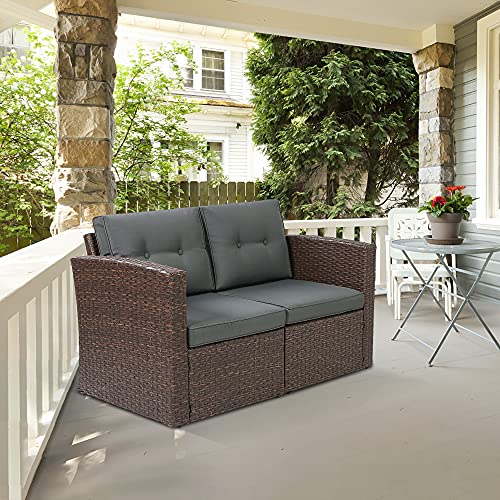 SUNVIVI OUTDOOR Outdoor Patio Loveseat, 2 Piece Brown Wicker Rattan Outdoor Furniture Couch Sofa with Non-Slip Grey Cushions,Outdoor Loveseat Sofa Chair Furniture