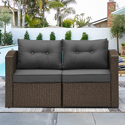 SUNVIVI OUTDOOR Outdoor Patio Loveseat, 2 Piece Brown Wicker Rattan Outdoor Furniture Couch Sofa with Non-Slip Grey Cushions,Outdoor Loveseat Sofa Chair Furniture