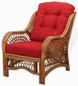malibu lounge living accent armchair natural rattan wicker handmade design with red cushion, colonial