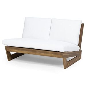 great deal furniture kaitlyn outdoor acacia wood loveseat with cushions, teak and white