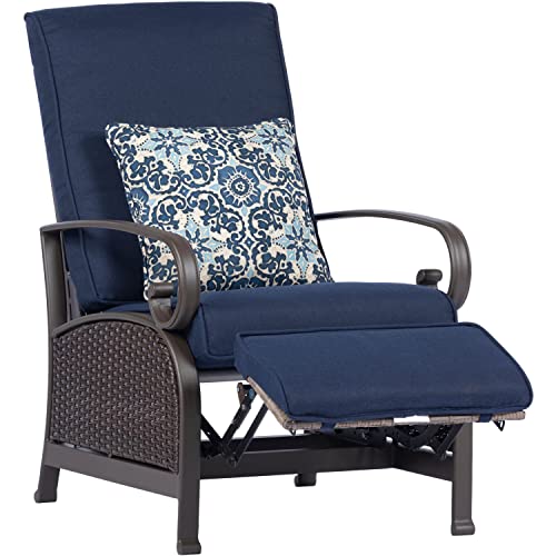 Hanover Madrid Outdoor Patio Recliner, Adjustable Chair, All-Weather Hand-Woven Wicker, Aluminum Frames, Thick Cushions-MADRIDREC-NVY, 1 Piece, Navy