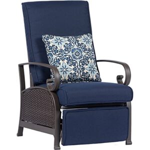 Hanover Madrid Outdoor Patio Recliner, Adjustable Chair, All-Weather Hand-Woven Wicker, Aluminum Frames, Thick Cushions-MADRIDREC-NVY, 1 Piece, Navy