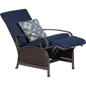 Hanover Madrid Outdoor Patio Recliner, Adjustable Chair, All-Weather Hand-Woven Wicker, Aluminum Frames, Thick Cushions-MADRIDREC-NVY, 1 Piece, Navy