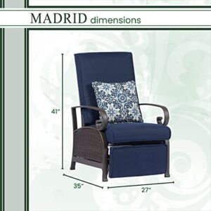 Hanover Madrid Outdoor Patio Recliner, Adjustable Chair, All-Weather Hand-Woven Wicker, Aluminum Frames, Thick Cushions-MADRIDREC-NVY, 1 Piece, Navy