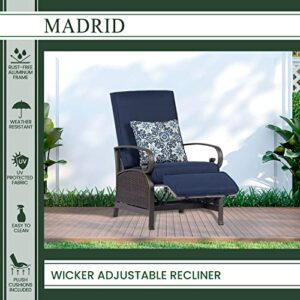 Hanover Madrid Outdoor Patio Recliner, Adjustable Chair, All-Weather Hand-Woven Wicker, Aluminum Frames, Thick Cushions-MADRIDREC-NVY, 1 Piece, Navy