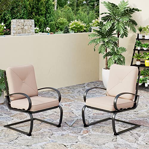 PHI VILLA Patio Spring Motion Metal Dining Chairs Set of 2, Rocking Chairs with Padded Cushion for Deck,Porch,Beige