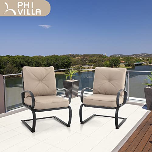 PHI VILLA Patio Spring Motion Metal Dining Chairs Set of 2, Rocking Chairs with Padded Cushion for Deck,Porch,Beige