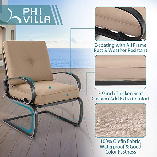 PHI VILLA Patio Spring Motion Metal Dining Chairs Set of 2, Rocking Chairs with Padded Cushion for Deck,Porch,Beige