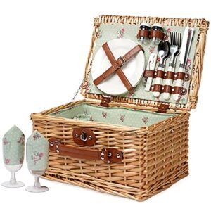 wicker picnic basket for 2, handmade willow hamper basket sets 2 person picnic basket with utensils cutlery perfect for picnic, camping