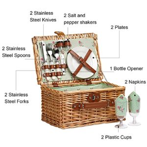 Wicker Picnic Basket for 2, Handmade Willow Hamper Basket Sets 2 Person Picnic Basket with Utensils Cutlery Perfect for Picnic, Camping
