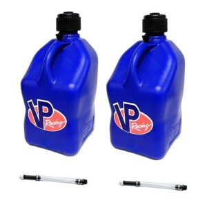 vp racing fuels motorsport 5 gallon square plastic utility jug blue & 14 inch hose (2 pack)