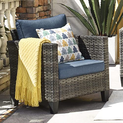 ovios Patio Chairs, All Weather Outdoor Rattan Wicker Chairs Patio Dining Chairs High Back Single Chairs Garden Backyard Porch (2 PCS, Denim Blue)