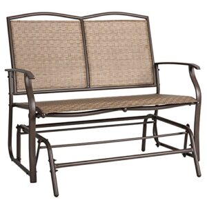 marble field patio swing glider bench for 2 person, garden rocking loveseat chair, rattan resin wicker brown