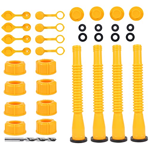 25 Pcs Gas Can Spout Kit QJIUBA 4 Sets for 1/2/5/10 Gal Replacement of Old Tanks Includes Nozzle, Vent caps, Rubber Gasket, Drill bits, Auxiliary Base Cap