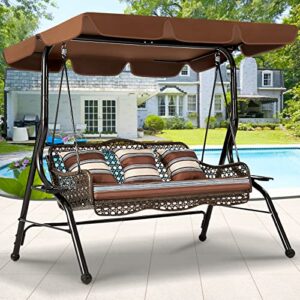aecojoy 3-seat proch swing chair, patio swing with canopy, 2 side trays, 3 pillows & removable cushion, patio wicker swing with stand outdoor swings for adults, balcony, garden, deck(brown rattan)