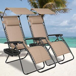 zero gravity chair patio lounge chair chaise 2 pack outdoor folding adjustable heavy duty recliner chairs with cup holder and pillows hold up to 250lbs for patio, pool, beach, lawn, yard – tan