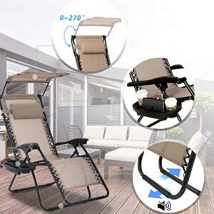 Zero Gravity Chair Patio Lounge Chair Chaise 2 Pack Outdoor Folding Adjustable Heavy Duty Recliner Chairs with Cup Holder and Pillows Hold Up to 250Lbs for Patio, Pool, Beach, Lawn, Yard - Tan