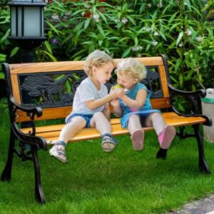 outdoor garden bench patio bench for kids, porch bench with animals style back and cast iron armrest park bench metal wood bench weather proof outside patio furniture for 1-5 teenagers children