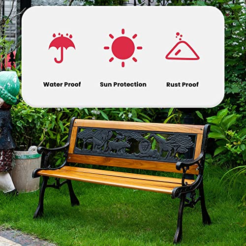 Outdoor Garden Bench Patio Bench for Kids, Porch Bench with Animals Style Back and Cast Iron Armrest Park Bench Metal Wood Bench Weather Proof Outside Patio Furniture for 1-5 Teenagers Children