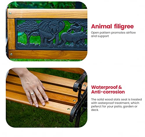 Outdoor Garden Bench Patio Bench for Kids, Porch Bench with Animals Style Back and Cast Iron Armrest Park Bench Metal Wood Bench Weather Proof Outside Patio Furniture for 1-5 Teenagers Children