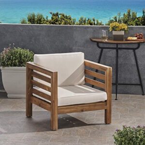 Louise Outdoor Acacia Wood Club Chair with Cushion, Teak Finish and Beige