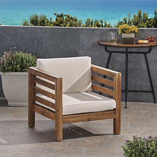 Louise Outdoor Acacia Wood Club Chair with Cushion, Teak Finish and Beige